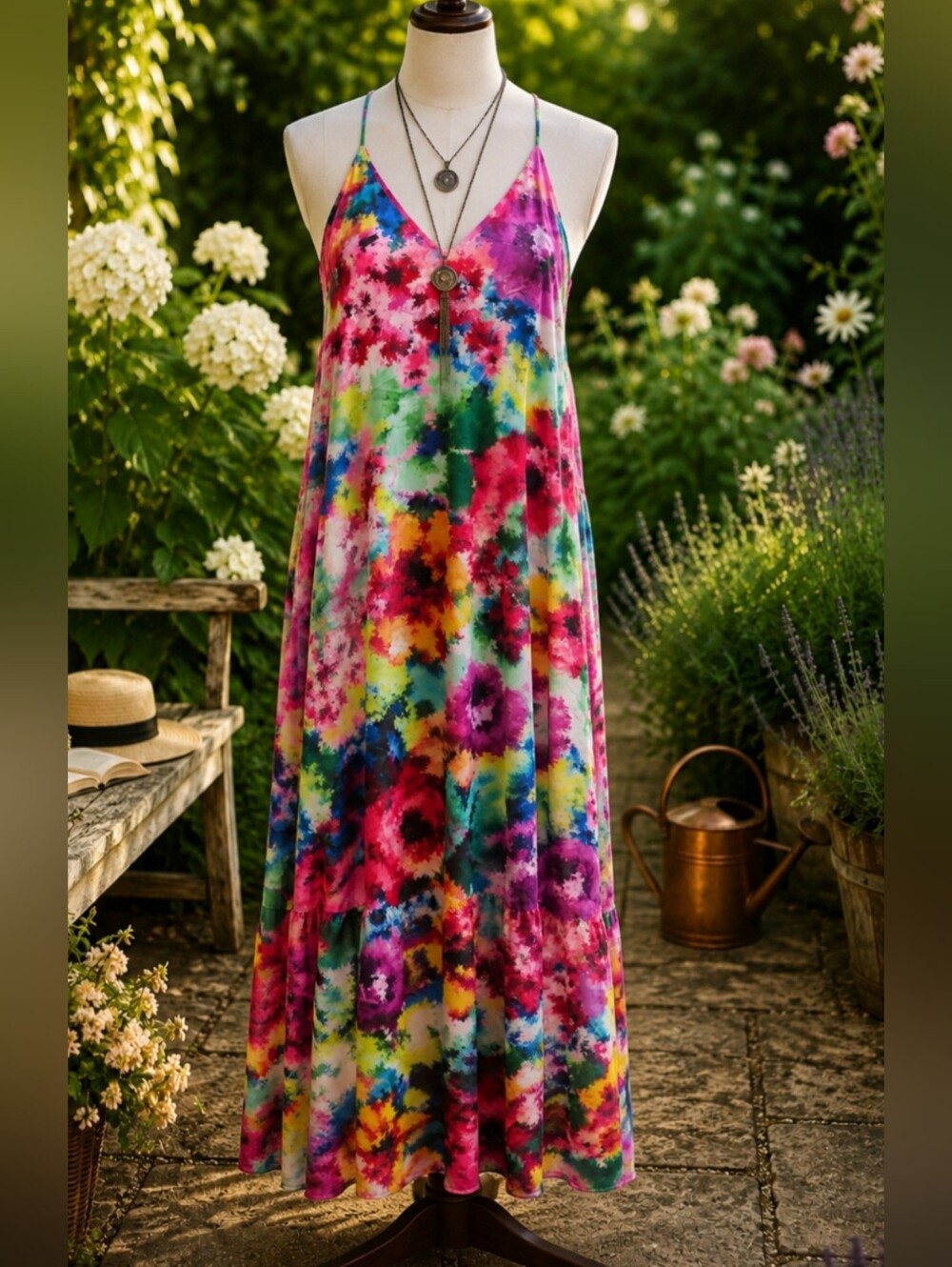 ****Nicole Miller Bright Multicolor Tie-Dye Maxi Dress Pit 19 Lined Length 57